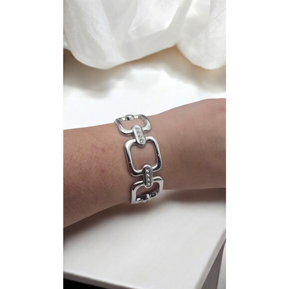 Chunky Silver Tone Link Hinged Bracelet with Rhinestone Accents - Picture 3 of 6